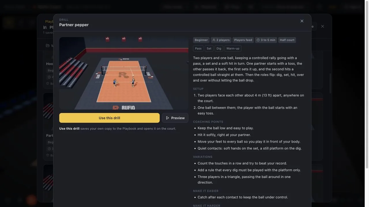 A drill card has setup, coaching points and Preview.