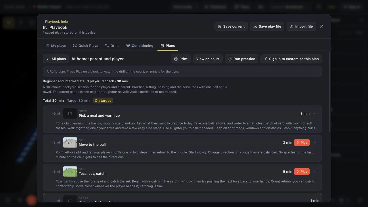 The parent-and-player plan has timed blocks and a Play button for each drill.