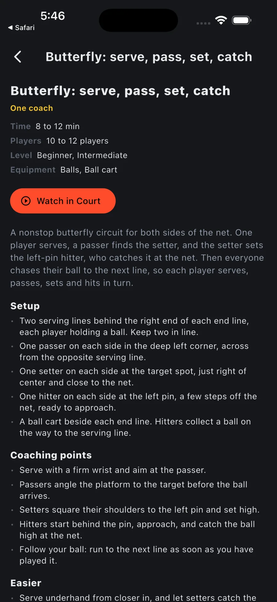 Left: a drill with setup and coaching points. Right: a built-in plan with its blocks and Run practice button.