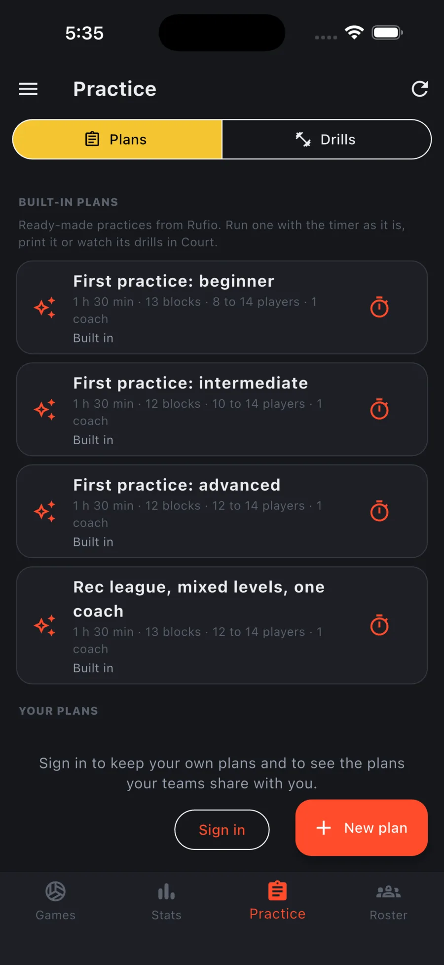 The Practice tab, signed out. Built-in plans are ready to open or run.