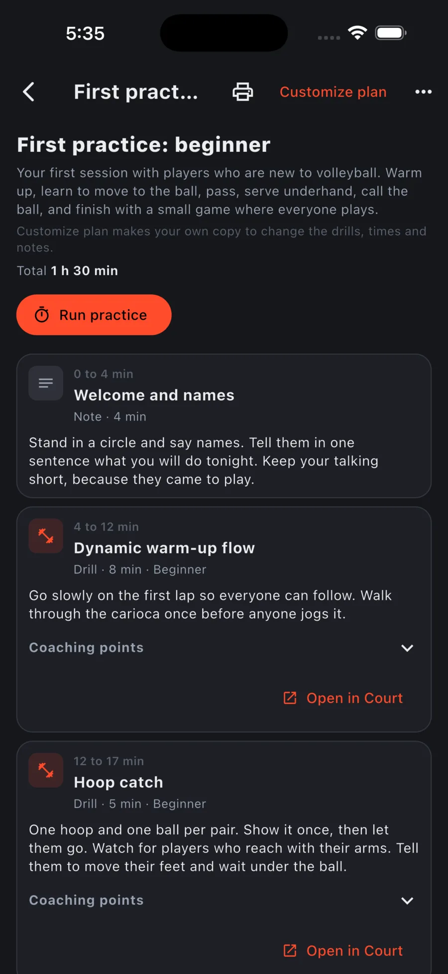 Left: a drill with setup and coaching points. Right: a built-in plan with its blocks and Run practice button.