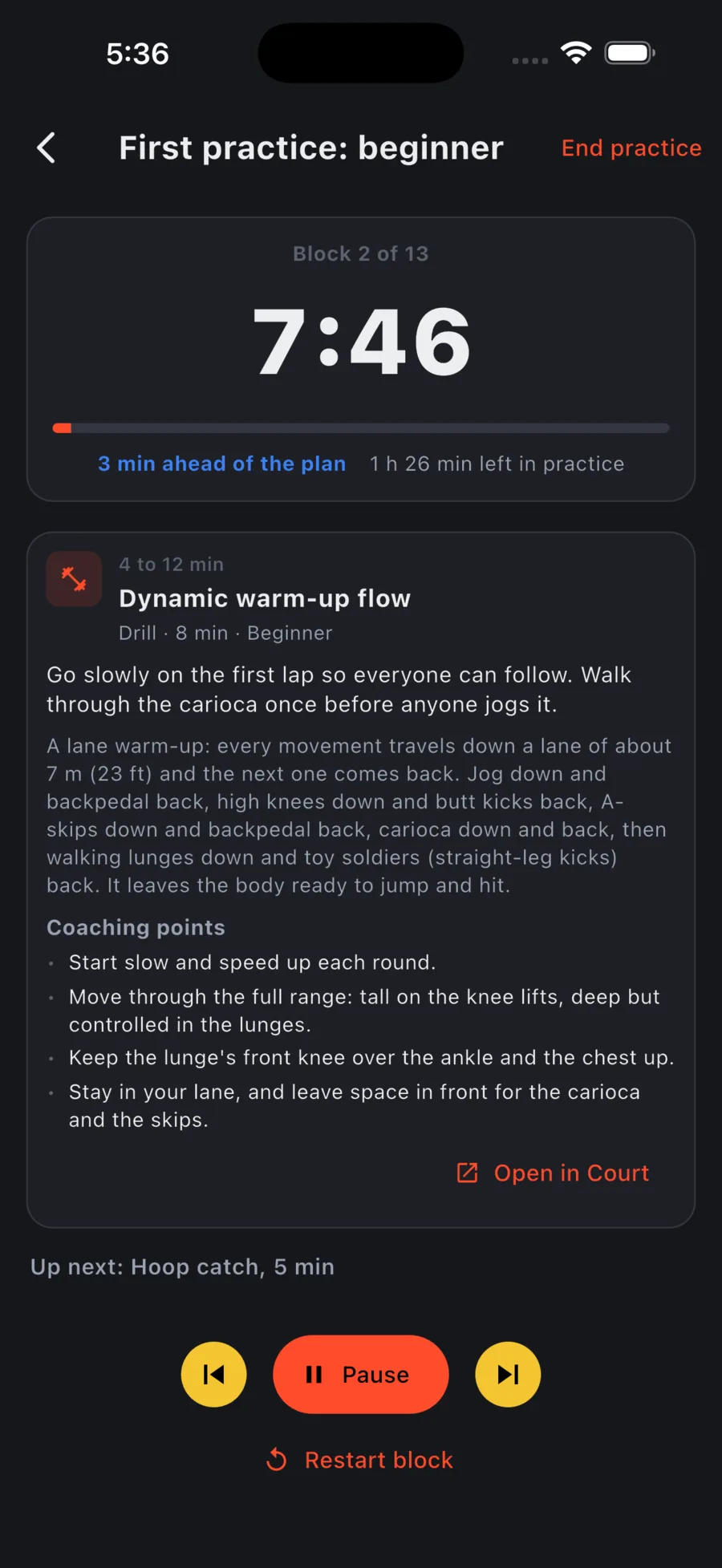 Run practice. The clock stays on the current block until you tap Next. Timer controls stay at the bottom while you scroll the drill.